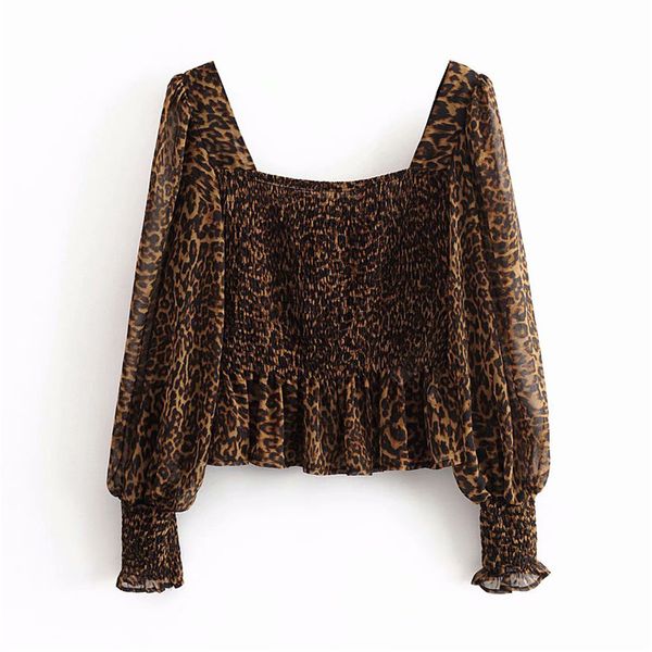 

stylish leopard print crop blouse long sleeve square collar shirts female office wear casual blusas 210430, White
