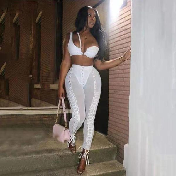 

women's two piece pants 2021 summer black white clubwear women pieces set sleeveless crop & mesh transparent cross bandage 70214