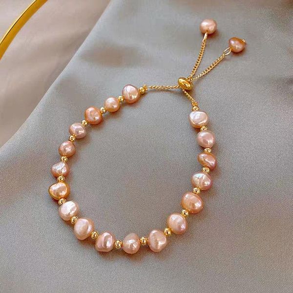 

charm bracelets baroque natural irregular pink pearls beaded bracelet for woman lady temperament chaoren korea adjustable bangles, Golden;silver