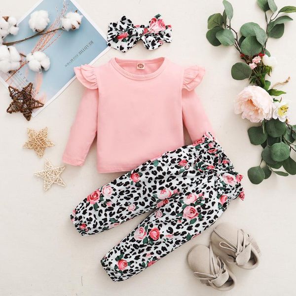 

clothing sets infant baby girl fall outfit solid o-neck long sleeve pullover t-shirt +flower print trousers+headband, White