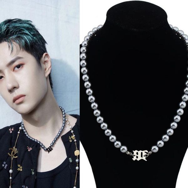 

chokers ins punk hiphop cuban thick chain choker necklace men/ woman personalized grey imitation pearl letter pendant jewelry, Golden;silver