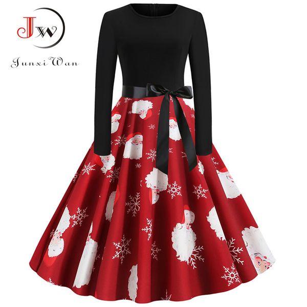 

women christmas long sleeve print elegant vintage knee-length party dress robe autumn winter casual plus size xmas dress, Black;gray