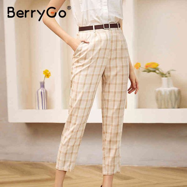 

berrygo chic mid waist pleated plaid women pants button elastic slim trousers female casual autumn winter ladies 210513, Black;white
