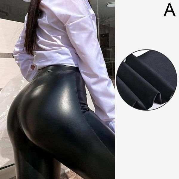 

women's leggings s-5xl high waist 2021 women pu leather pants push up hips pencil, Black