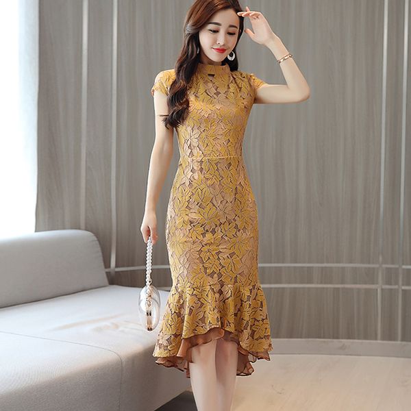 

2021 summer women new temperament ladies slim slimming package hip lace fishtail dress retro solid color improved cheongsam, Black;gray