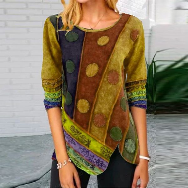 

5xl retro printed side button irregular shirt 2021 spring elegant o neck patchwork autumn long sleeve women blouses pullover, White