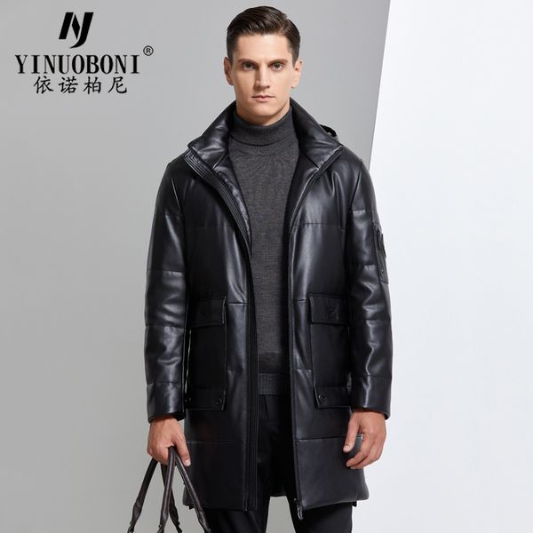 

hooded ecological leather down jacket men's stand collar medium length 2020 winter casual thickening trend, Black