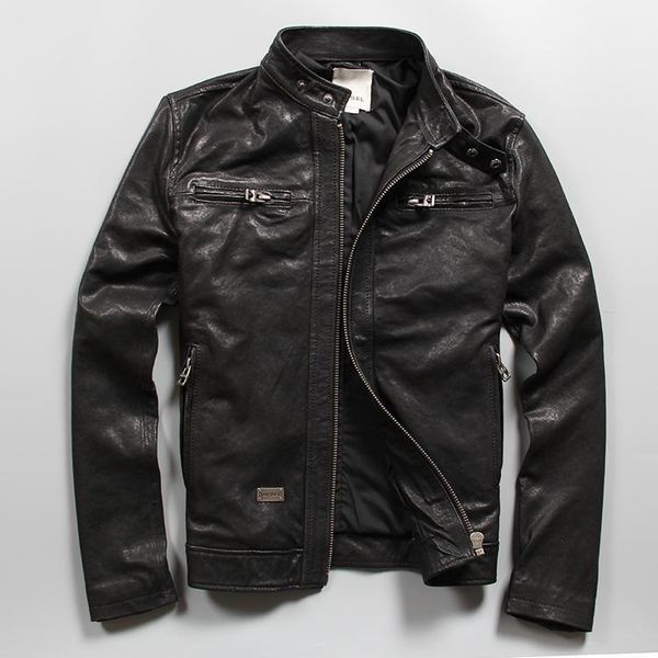 

genuine 2021 men's leather jacket real sheep goat skin male bomber motorcycle men slim fit casual biker & faux, Black