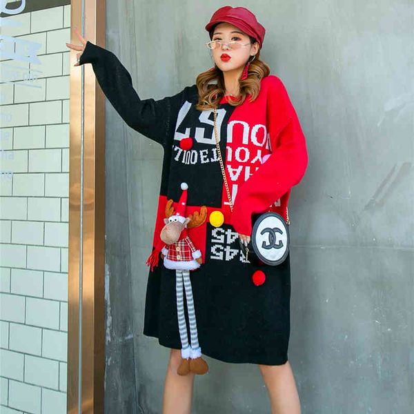 

long-colored christmas shirt-blocking over-the-knee heavy of the female industry cover letter thick sweater, White;black