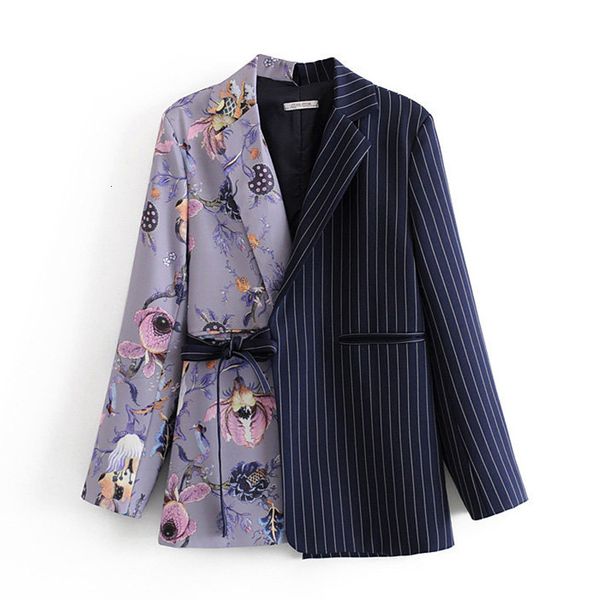 

women's suits & blazers women fashion office wear floral print patchwork coat vintage pockets with belt outerwear chic female, White;black