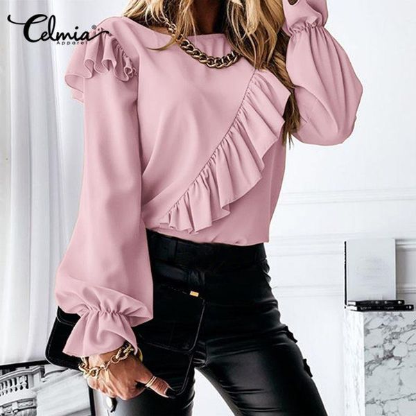 

fashion women ruffled blouses celmia long puff sleeve ladies chic work shirts casual solid tunic plus size party blusas 2021 women's &, White