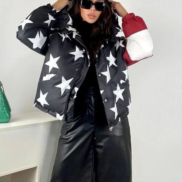 

women's down & parkas novalya winter hooded women fashion star printed panelled coats elegant loose short cotton jackets female ladies, Black