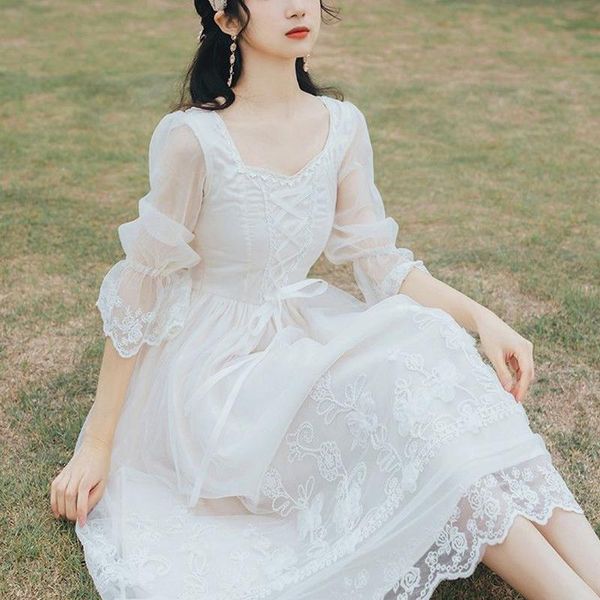 

vintage dress women autumn elegant midi party square collar butterfly sleeve sweet 2021 korean style fairy retro casual dresses, Black;gray