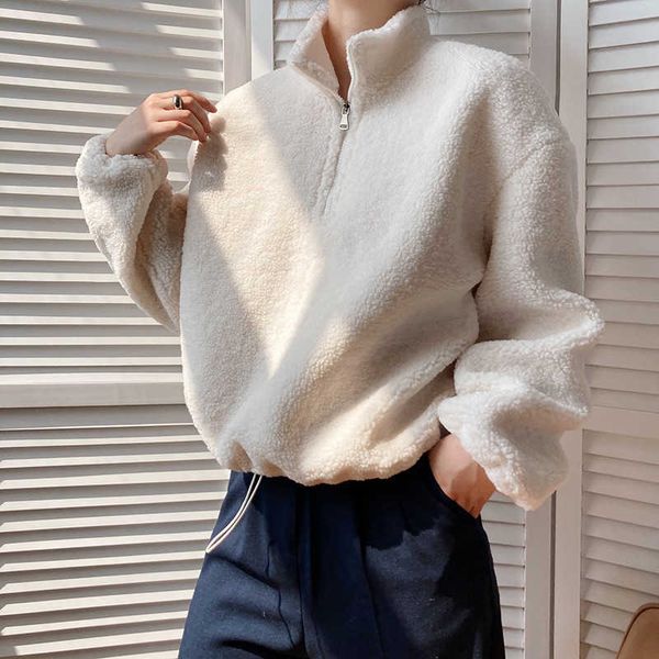 

thicked lambskin sweatshirt women's autumn / winter korean standing collar zipper pullover warm plush 152 210607, Black