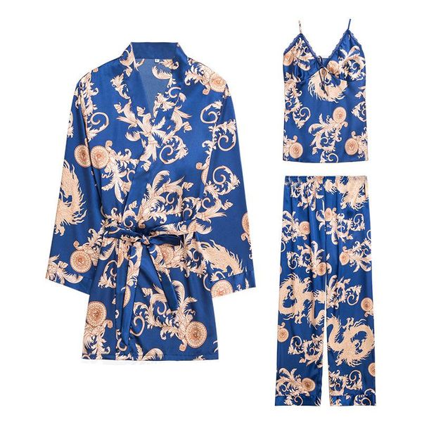 

women's sleepwear ice silk pajamas spring summer robe printed home service lightweight three-piece suit flower ladies, Black;red