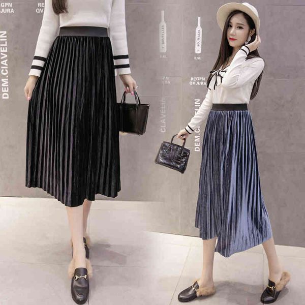 

women pleuche skirts female soild a-line pleated casual gold velvet maxi autumn winter multi-colored 210514, Black