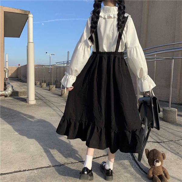 

skirts black women 2021 spring summer japanese style kawaii long teens soft girl high waist ruffles suspender rok 9yio