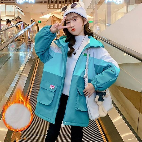 

down coat kids autumn winter thick jacket girls warm plus velvet hooded children patchwork outerwear girl clothes 4 6 8 10 12 y, Blue;gray