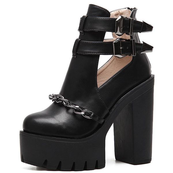 

dress shoes european and american summer metal chain hollow gothic short boots thick heel belt buckle female high-heeled 2021 punk, Black