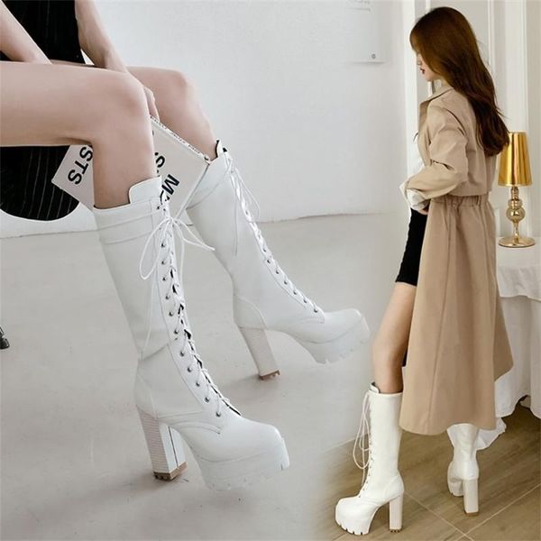 

boots 2021 knee length comfortable high heeled shoes thick heel knight lace up sweet, Black