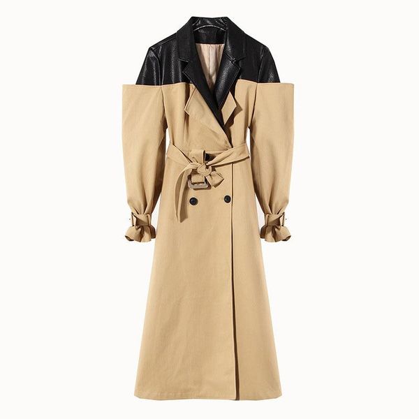 

women's trench coats seebeautiful pu spliced double breasted over knee loose coat lapel long sleeve belt fashion 2021 winter women g831, Tan;black