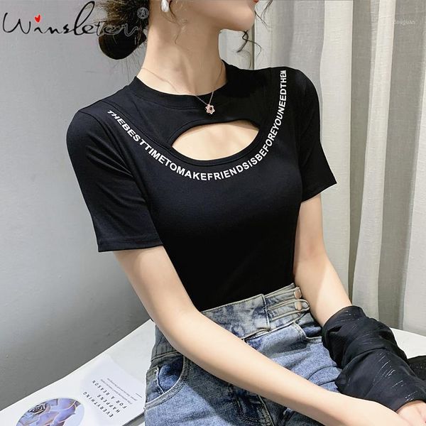 

women's t-shirt summer european styles cotton solid chic hollow out print letter women short sleeve all match tees t15509a, White