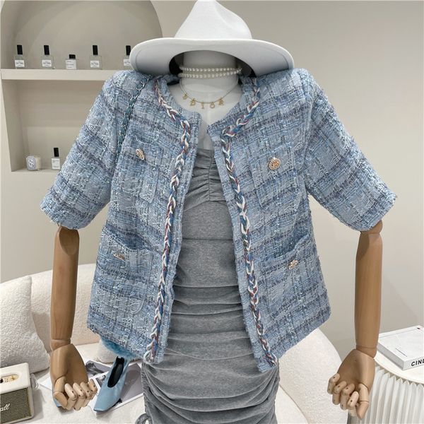 

jackets women's summer niche blue fashion design weave soft tweed tassels short plaid jacket top, Black;brown