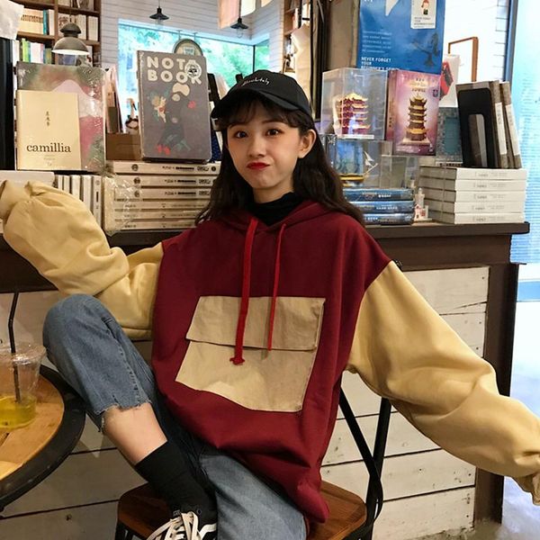 

women's hoodies & sweatshirts panelled patchwork pockets hooded pullovers clothing spring autumn sweet korean style long sleeve loose, Black