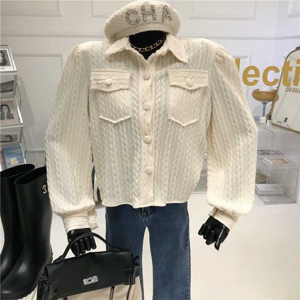 

women's jackets 3vintage texture lapel bubble sleeve knitted woman autumn/winter elegant fashion shoulder pad sweater cardigan m5af, Black;brown