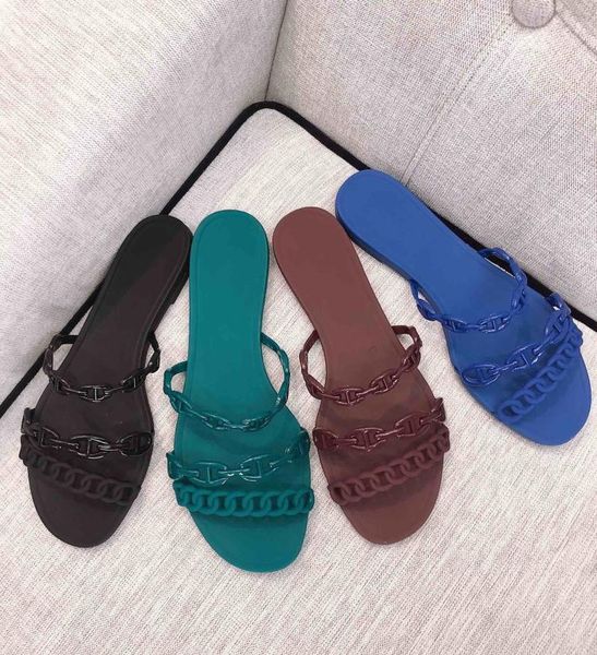 

slippers 2021 fashion jelly shoes women flat designer chain summer ladies casual beach slides sandals, Black