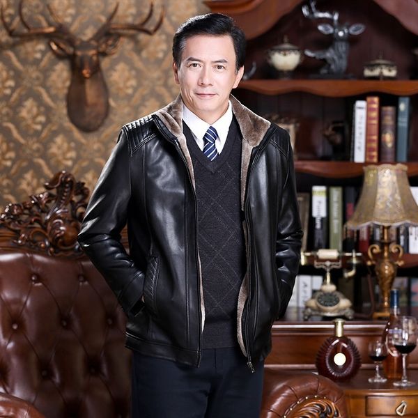 

men pu leather winter jacket faux fur coat, Black