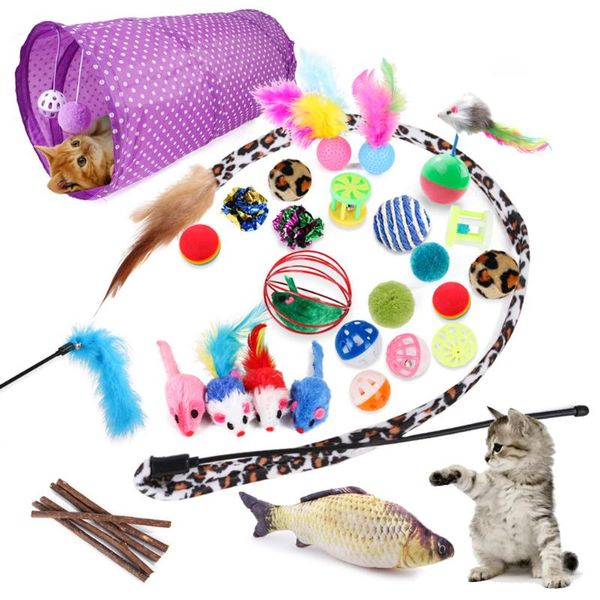 

cat toys 28pcs/set interactive molar chew bite pet kitten tunnel teaser rod toy feather stick ferret dog game tube