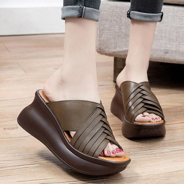 

slippers johnature genuine leather women summer shoes outside slides wedges leisure 2021 retro sewing casual ladies, Black
