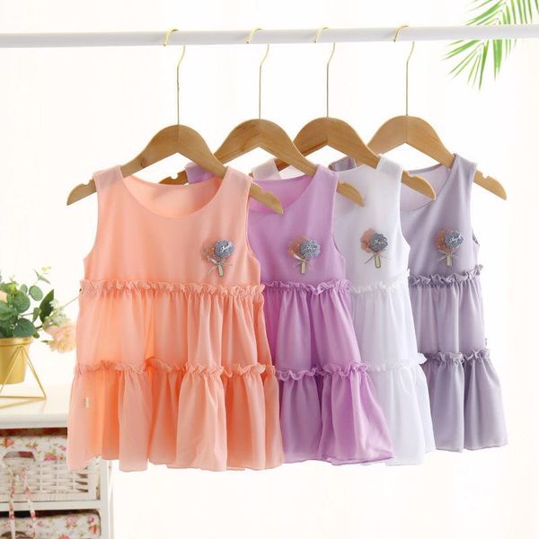 

girl's dresses toddler girls flower dress summer 2021 baby girl outfit sleeveless solid princess layered kids children clothes, Red;yellow