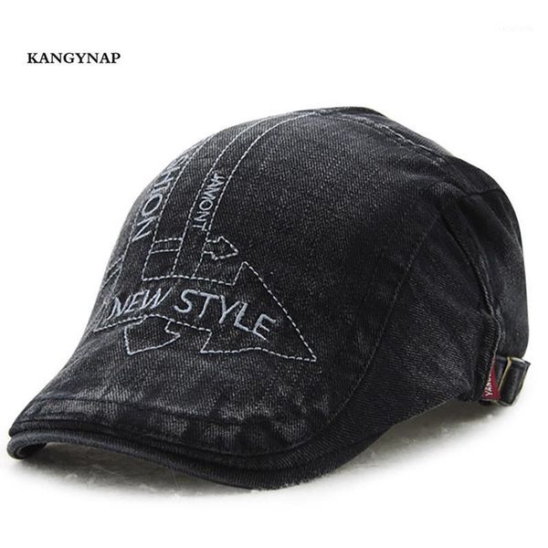 

[kagynap] washed cotton embroidery letter berets caps summer mens casual flat hat men solid color simple peaked dad, Blue;gray