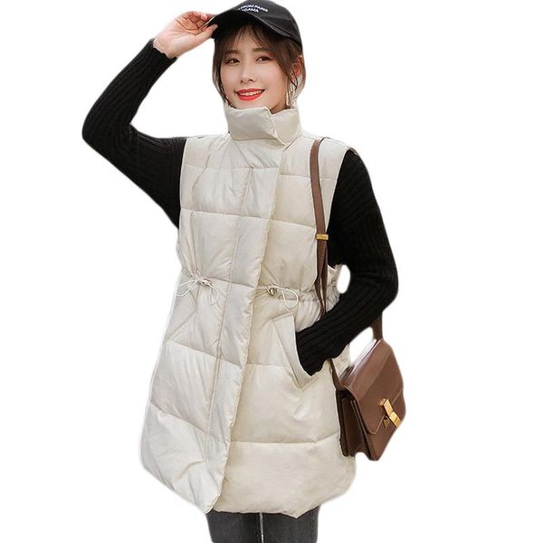 

women's vests adjustable waist slim loose waistcoat for women stand collar winter down cotton sleeveless jacket female warm long parkas, Black;white