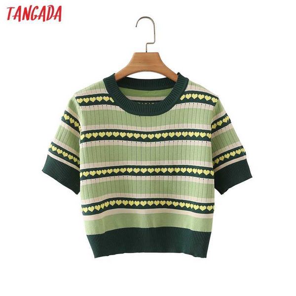 Tangada Coréia Chic Mulheres Verde Coração Verão Colheita Sweater de Manga Curta Senhoras Tops Jumper Tops 7Y26 210609