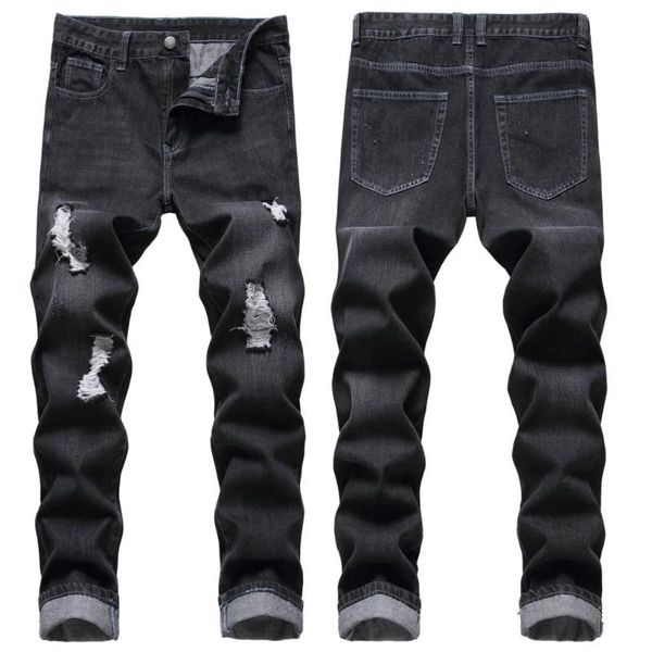 

men's jeans handsome all-match pants summer men's light-colored straight-leg beggar ripped, Blue