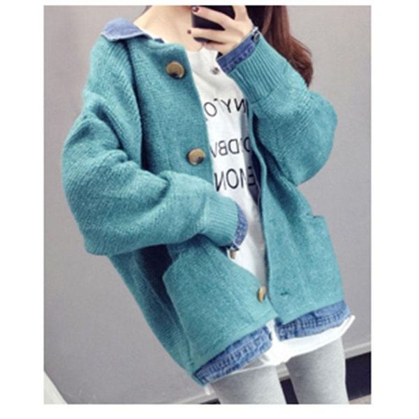 

women's sweaters spring female celestial denim stitching knit fake two-piece women sweater cardigan loose lazy wind w143, White;black