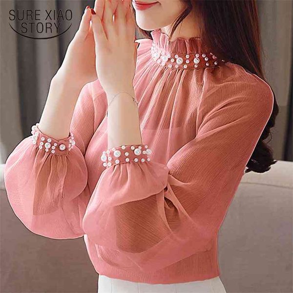 

blusas mujer de moda women blouses ladies s clothing long sleeve beading chiffon blouse shirts 1807 50 210506, White