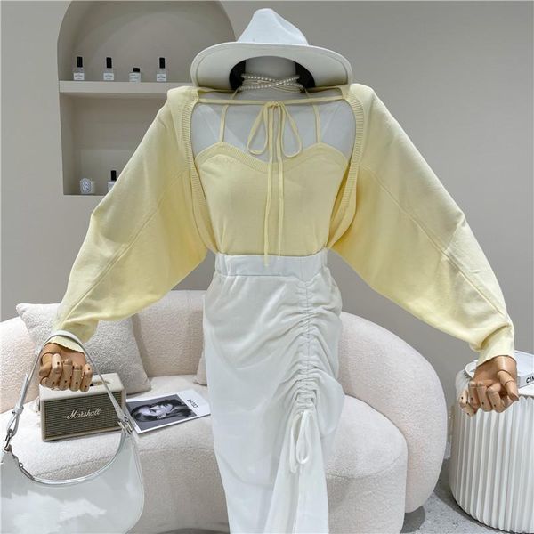 

women's knits & tees clothing spring summer 2021 fashion design sense knit shirt suspender loose long sleeve two piece set, White