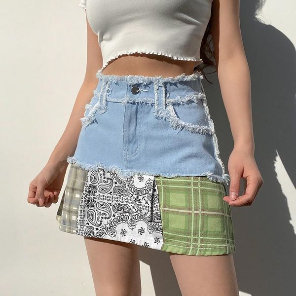

skirts mini denim women 2021 spring summer above knee casual fashion patchwork jeans skirt girls clothes hg078, Black