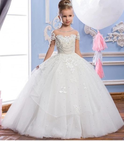 New Hot Grace Flower Girl Abiti Blu Rosa Champagne Lusso senza maniche Espansione Increspature Fiori Abiti da spettacolo in tulle per bambine