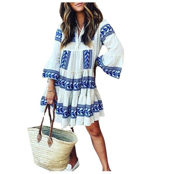 

casual dresses for women elegant v-neck smock dress ladies summer holiday swing print mini oversize long sleave, Black;gray