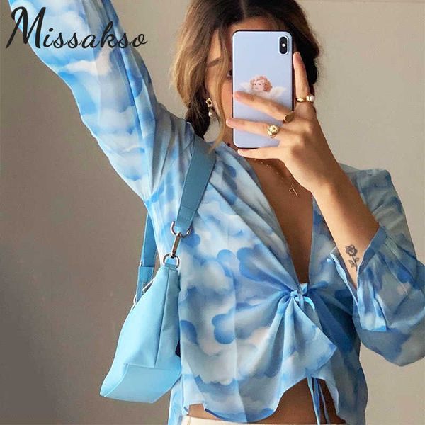 Missakso Print Bandage Rüschen Crop Top Y2K Streetwear Club Frühling Sommer Blau Gelb Frauen Sexy V-ausschnitt Langarm T Shirt 210625