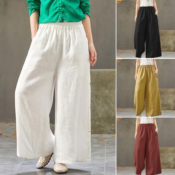 

plus size vintage wide leg pants women's autumn trousers zanzea 2021 casual elastic waist pantalon palazzo female solid turnip & capris, Black;white