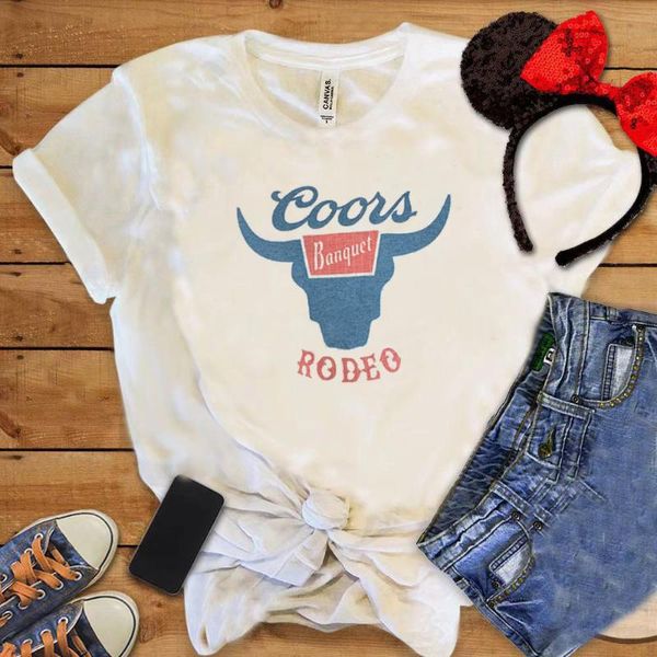

coors rodeo women t-shirt western style punk female comfort ox head printing tee classical street women's, White