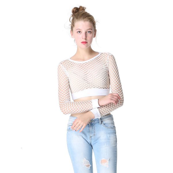 

women's t-shirt ruoru plus size 3xl mesh fishnet tee shirt femme hollow out net long sleeve crop slim see through women tshirt club wea, White