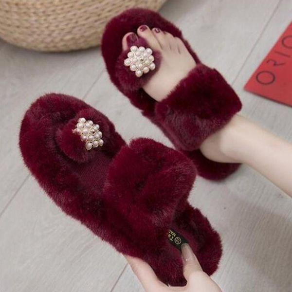 

fashion fluffy faux fur flat slippers women furry sandals fake home shoes casual plush xx715, Black