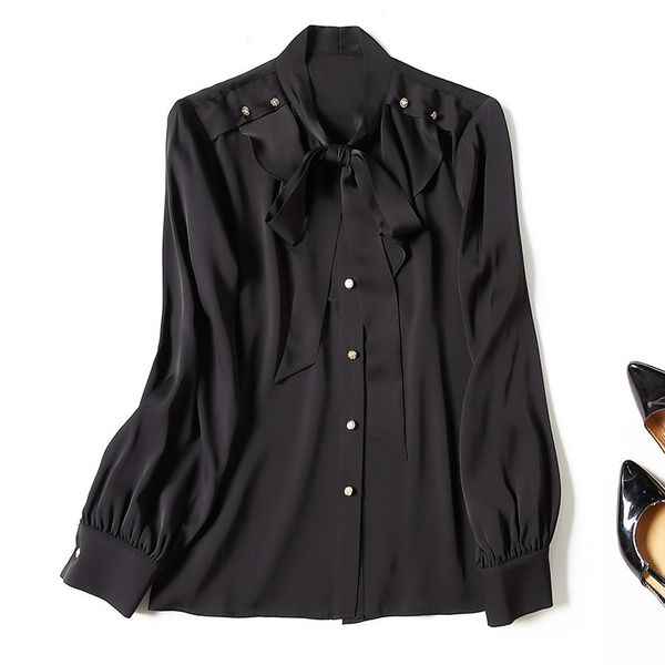 

women's blouses & shirts spring long sleeve round neck white / black silk ribbon tie bow single-breasted soie blouse elegant casual shi
